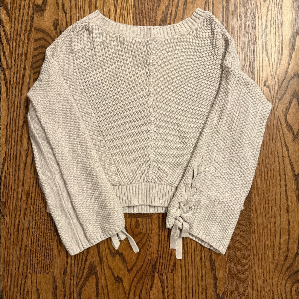 Hollister Cream Knit Crewneck Sweater with Lace-Up Sleeve Cozy Boho Pullover